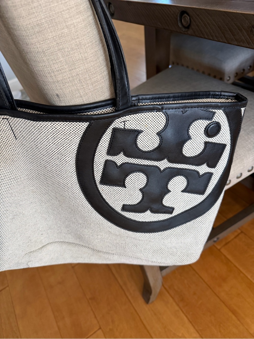 Tory Burch Black and Cream Logo Canvas Tote with Leather Trim